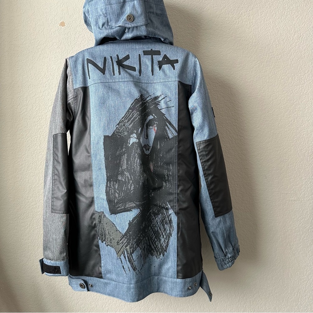 Nikita RARE Denim Look Studded Graffiti Ski Snowboard Jacket